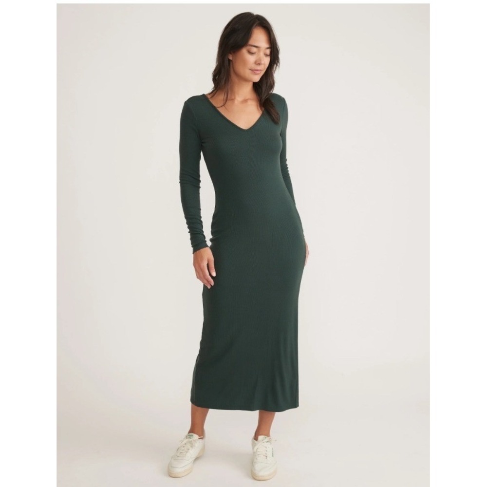 Marine Layer Lexi Green Ribbed V-Neck Long Sleeve Midi Dress Small